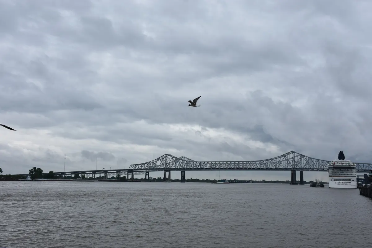 Le lunghe campate in acciaio a sbalzo del Crescent City Connection che attraversano il Mississippi sotto pesanti nuvole grigie, con un gabbiano nel cielo